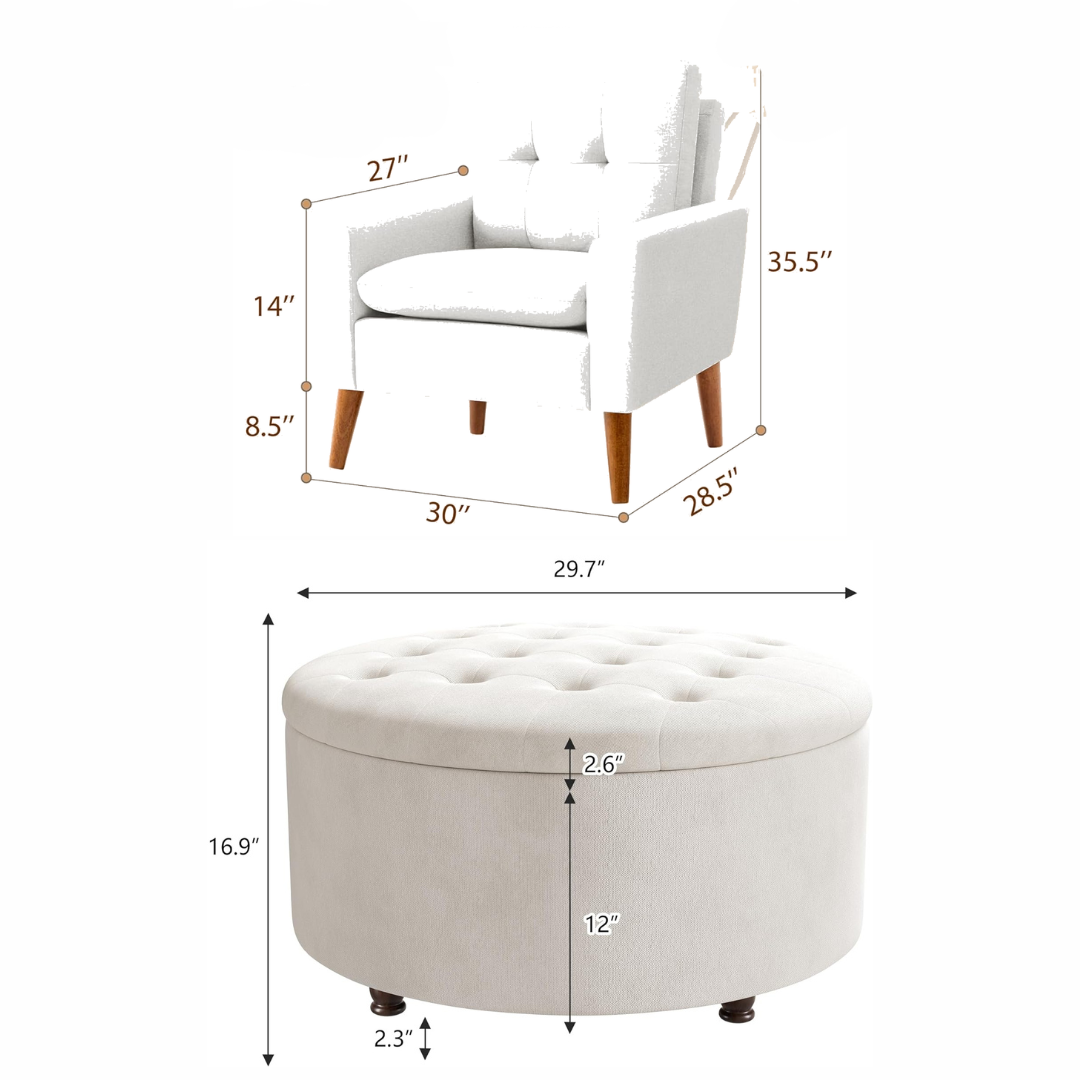 White Upholstered Accent Chair with Round Storage Ottoman Set for Living Room or Bedroom - Image 6