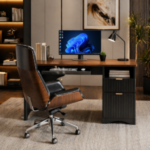 55" Computer Desk with Power Outlet & Keyboard Tray + Executive Swivel Chair Set, Walnut/Black