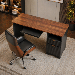 Alternative view of 55" Computer Desk with Power Outlet & Keyboard Tray + Executive Swivel Chair Set, Walnut/Black