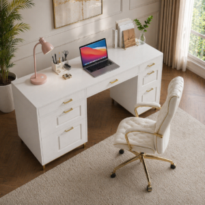 Alternative view of White Gold Executive Desk with 7 Drawers + Matching Padded Office Chair Set
