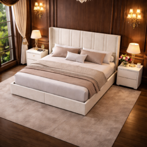 Alternative view of Queen White Wingback Storage Bed with 2 Nightstands Set with Drawers and Channel Tufted Headboard