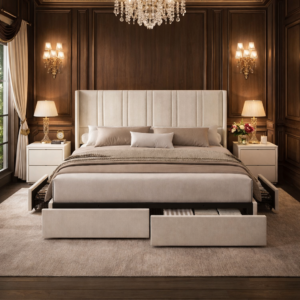 Queen White Wingback Storage Bed with 2 Nightstands Set with Drawers and Channel Tufted Headboard