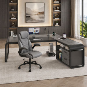 61" L-Shaped Executive Desk with File Storage & Power Outlets + Ergonomic PU Chair, Gray Set