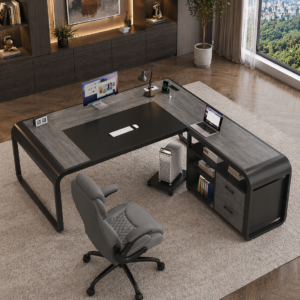 Alternative view of 61" L-Shaped Executive Desk with File Storage & Power Outlets + Ergonomic PU Chair, Gray Set