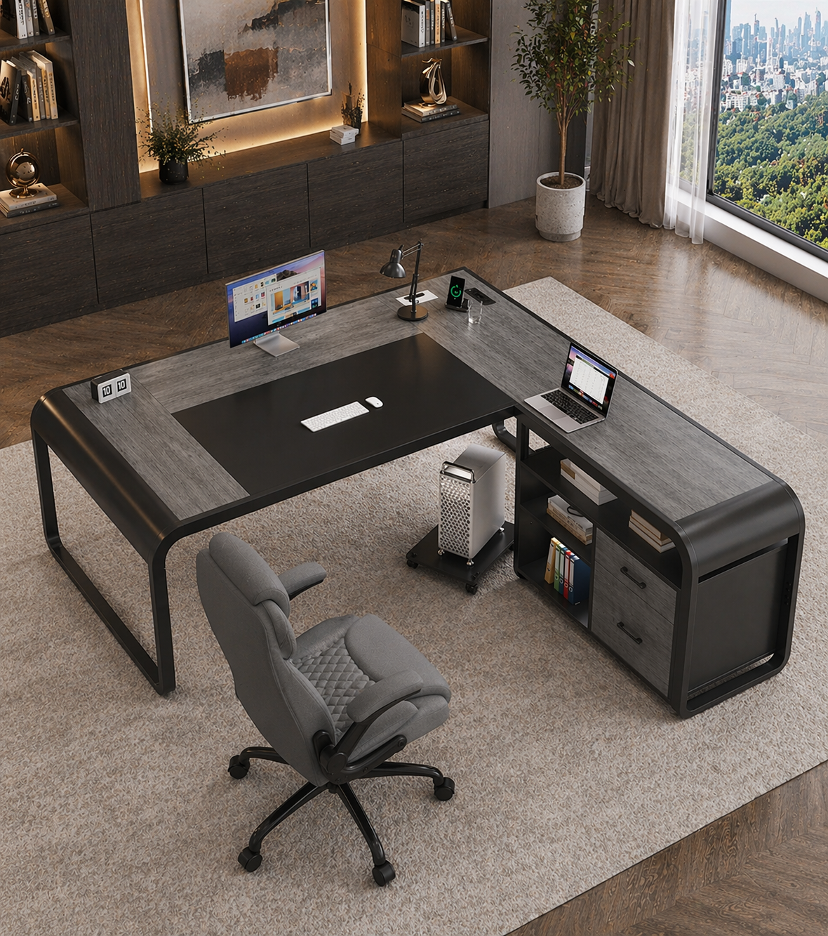 63" Farmhouse Executive Desk with Storage Cabinet & Ergonomic High-Back Chair Set White - Image 2