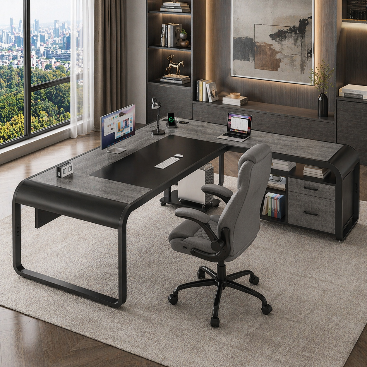 63" Farmhouse Executive Desk with Storage Cabinet & Ergonomic High-Back Chair Set White - Image 3