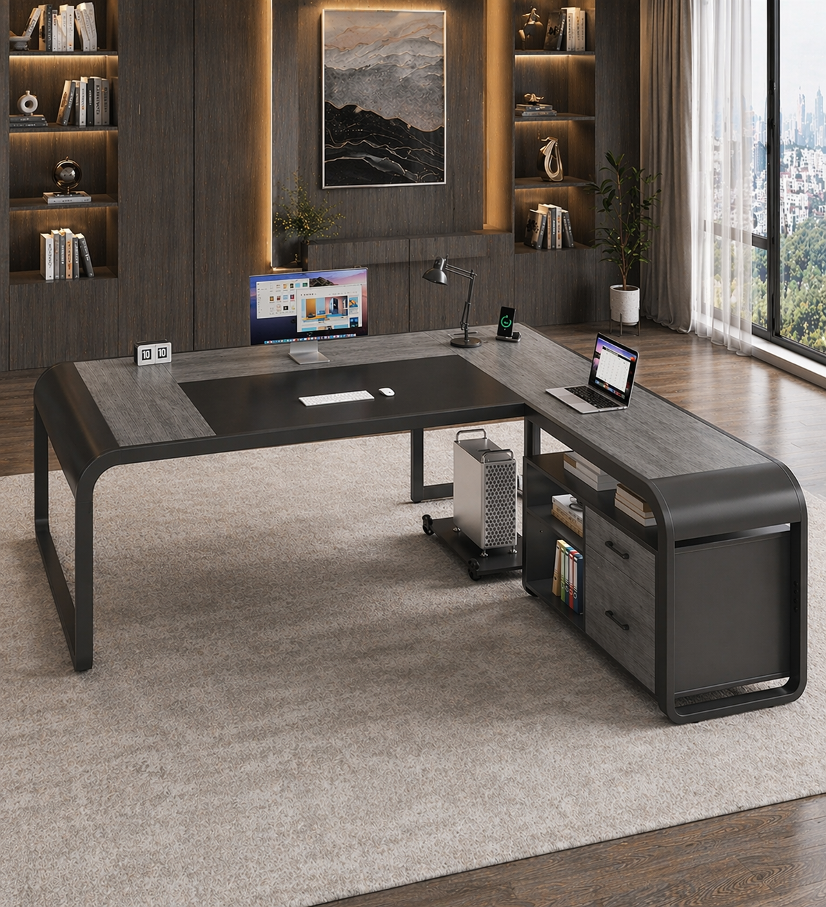 63" Farmhouse Executive Desk with Storage Cabinet & Ergonomic High-Back Chair Set White - Image 4