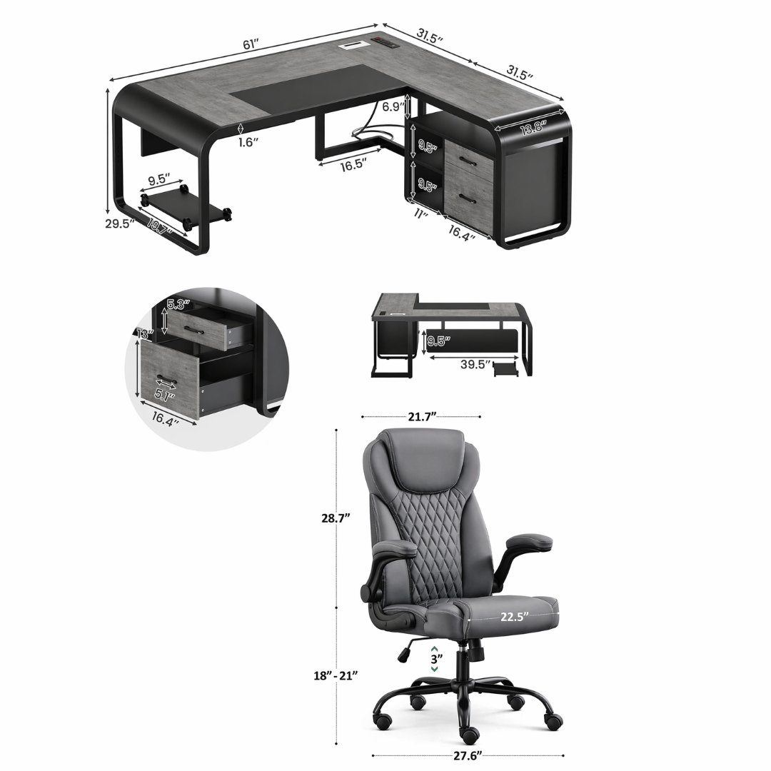 63" Farmhouse Executive Desk with Storage Cabinet & Ergonomic High-Back Chair Set White - Image 6