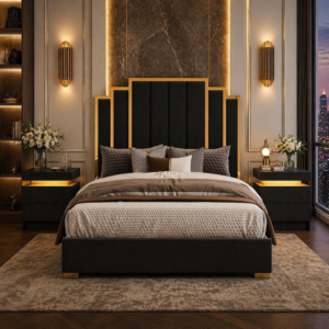 Queen Velvet Platform Bed with Gold Trim and 2 LED Nightstands Set Black