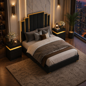Alternative view of Queen Velvet Platform Bed with Gold Trim and 2 LED Nightstands Set Black
