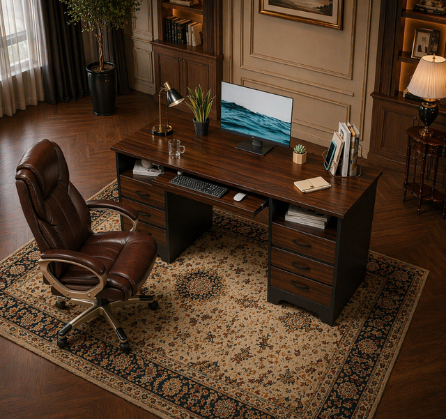 59" Executive Home Office Desk & High Back Swivel Chair Set with Storage, Grey - Image 3