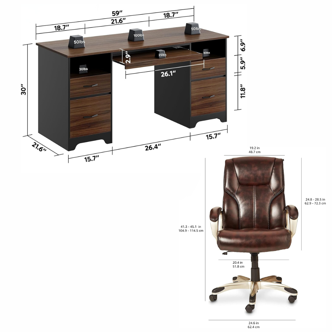 59" Executive Home Office Desk & High Back Swivel Chair Set with Storage, Grey - Image 5