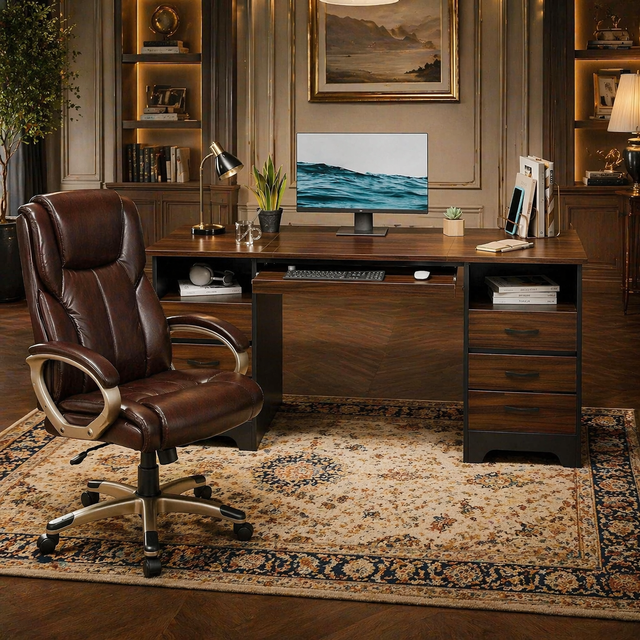59" Executive Home Office Desk & High Back Swivel Chair Set with Storage, Grey - Image 4