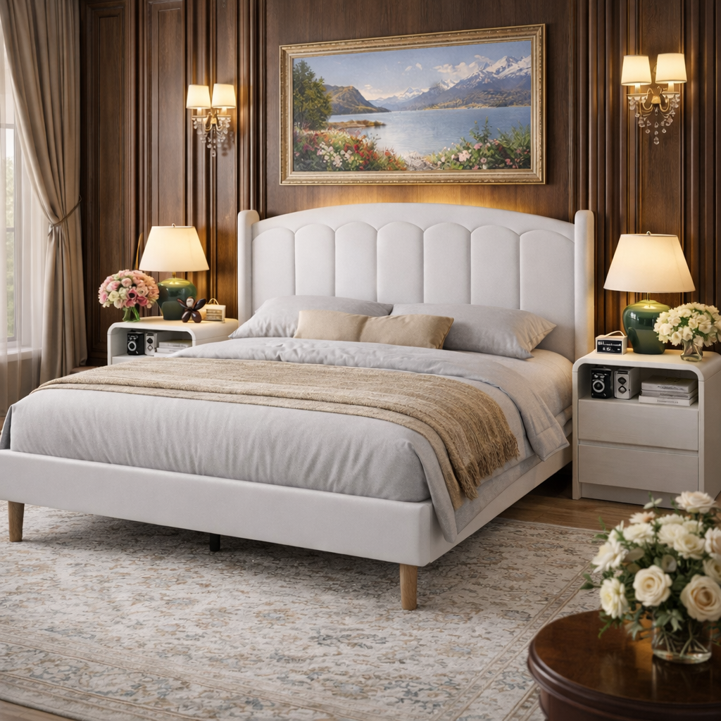 White Velvet Queen Bed Frame with LED Headboard and 2 Drawer Nightstands Set - Image 3
