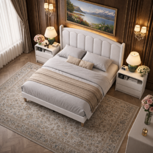 Alternative view of White Velvet Queen Bed Frame with LED Headboard and 2 Drawer Nightstands Set
