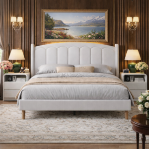 White Velvet Queen Bed Frame with LED Headboard and 2 Drawer Nightstands Set