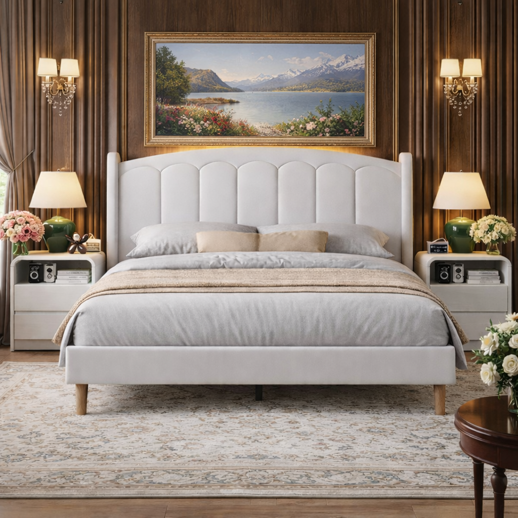 White Velvet Queen Bed Frame with LED Headboard and 2 Drawer Nightstands Set