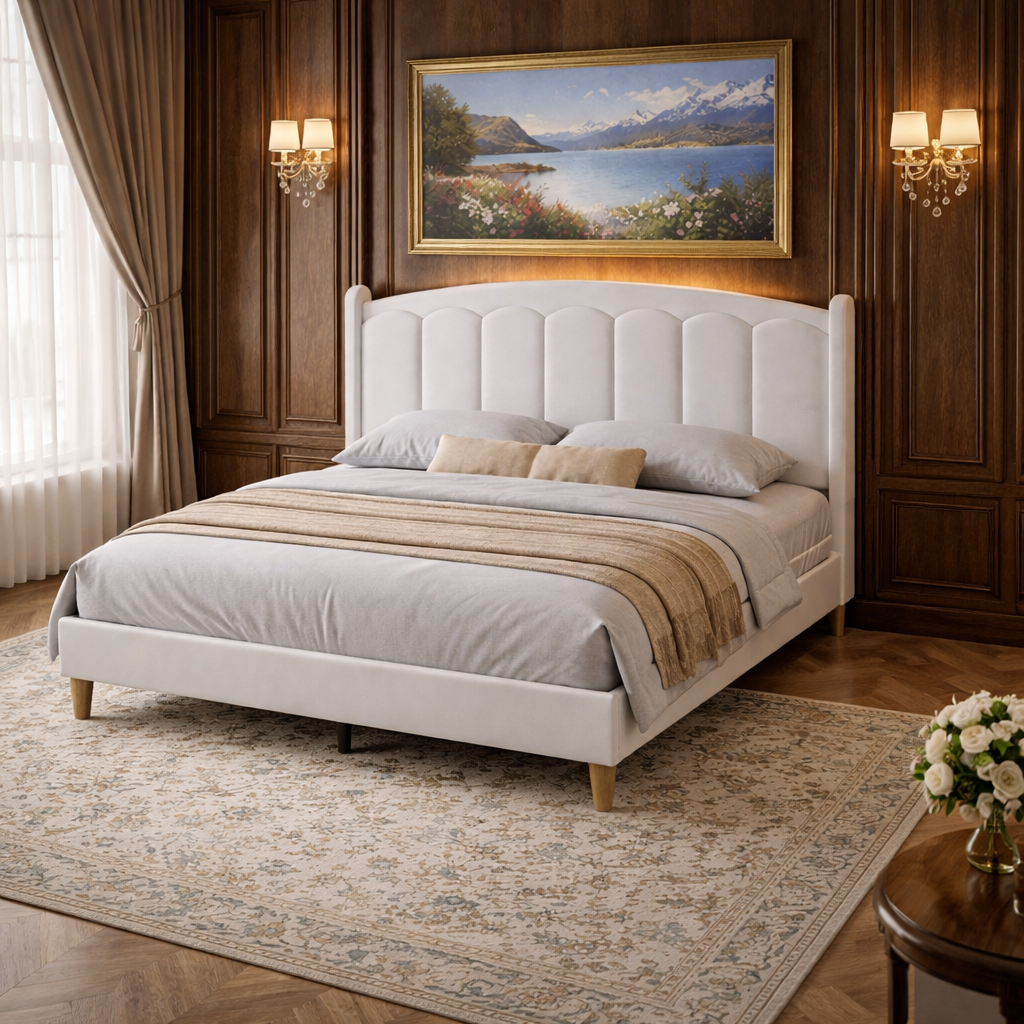 White Velvet Queen Bed Frame with LED Headboard and 2 Drawer Nightstands Set - Image 4