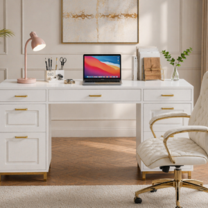 White Gold Executive Desk with 7 Drawers + Matching Padded Office Chair Set