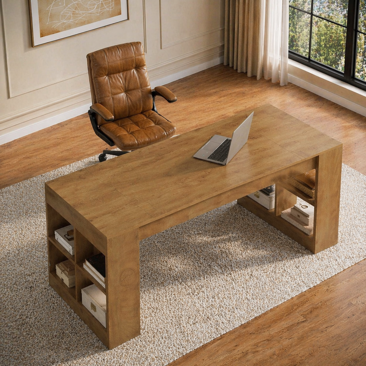 71" Executive Desk with Storage Shelves & Ergonomic High-Back Office Chair Set, Rustic Brown - Image 2