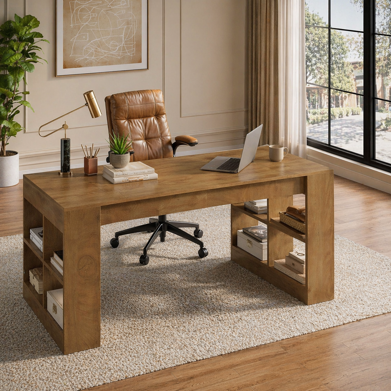 71" Executive Desk with Storage Shelves & Ergonomic High-Back Office Chair Set, Rustic Brown - Image 3