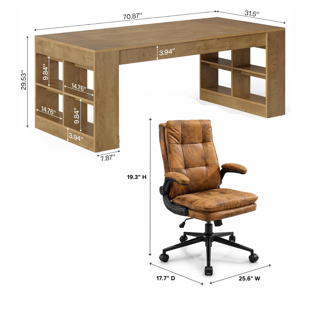 71" Executive Desk with Storage Shelves & Ergonomic High-Back Office Chair Set, Rustic Brown - Image 6